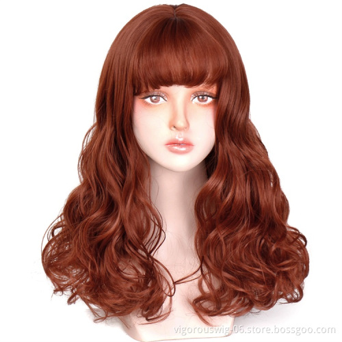 Vigorous Women Girls Ladies Long Curly Charming Synthetic Wigs with Neat Bangs Big Wave Heat Resistant Wig Hairnet Included